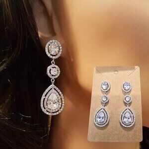 Bridal Wedding, Prom Silver Plated Cubic Zirconia Chandelier Earrings NWOT